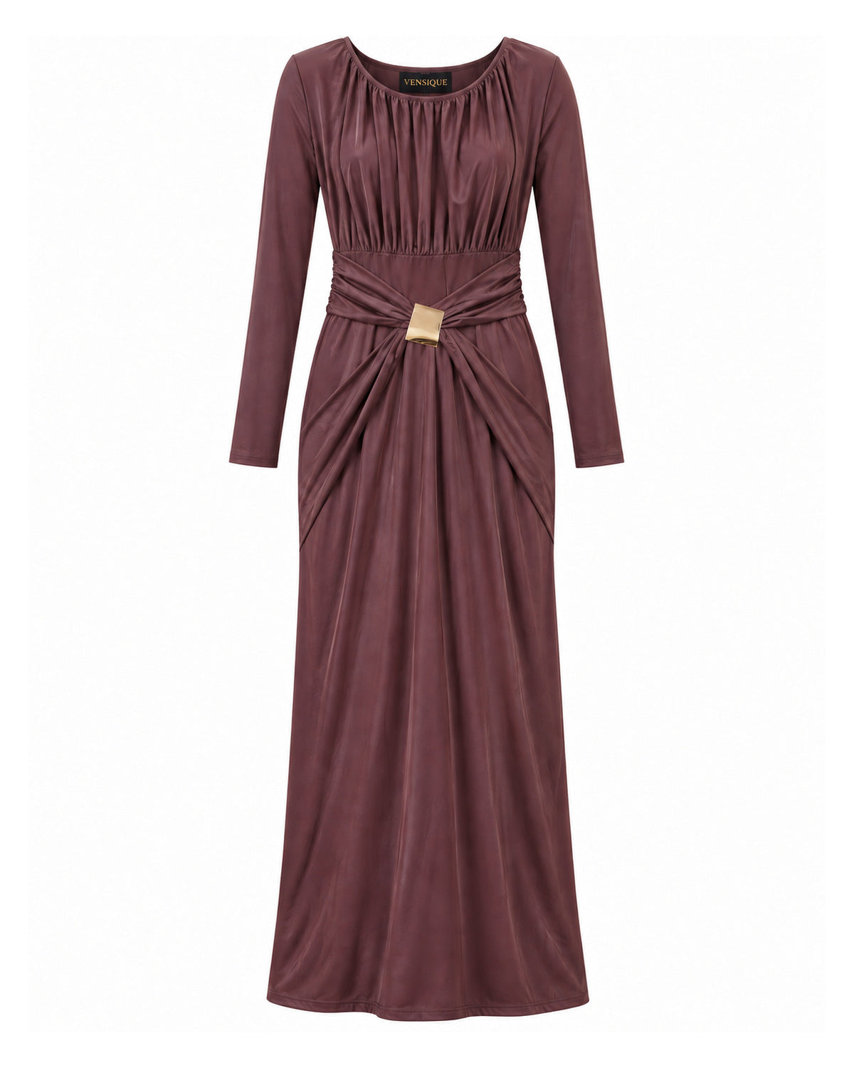 Bordo Gold Toka Detaylı Uzun Elbise