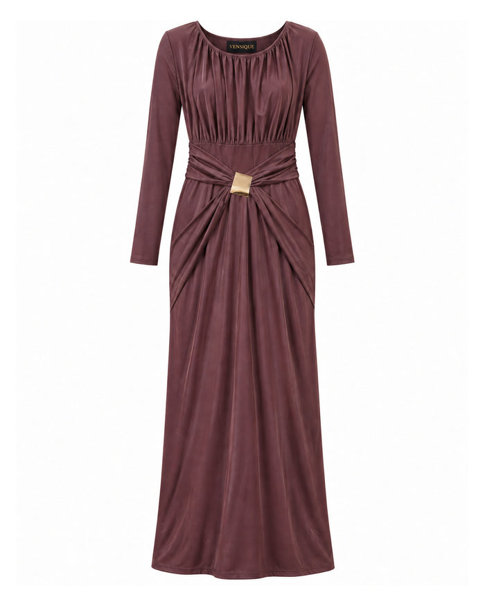 Bordo Gold Toka Detaylı Uzun Elbise
