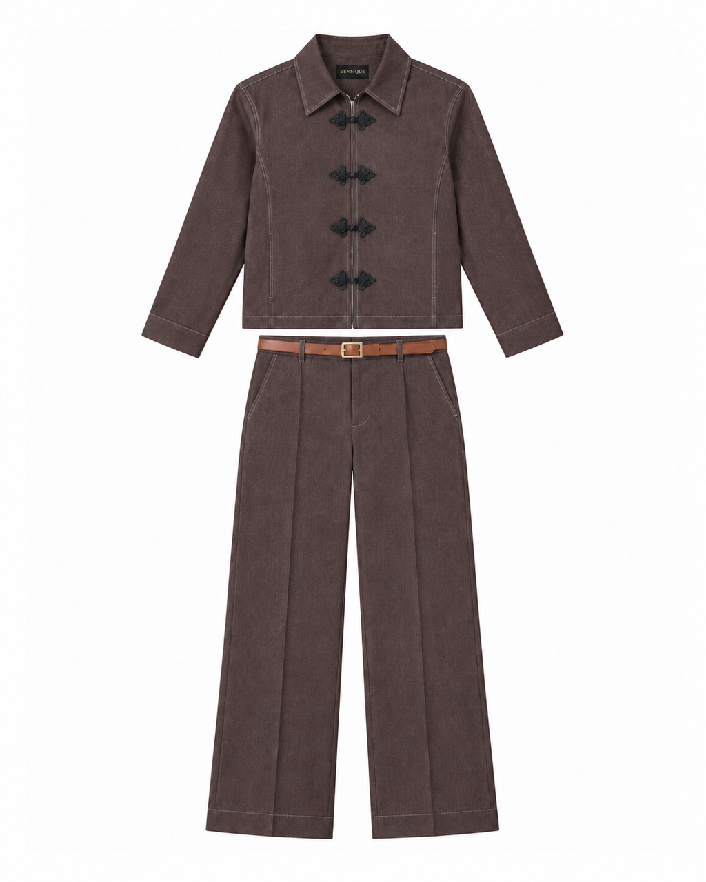 Kahverengi takım ön görünüm — dört siyah kapama, fermuarsız