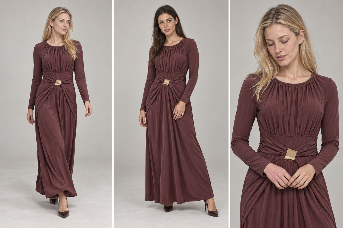 Bordo Gold Toka Detaylı Uzun Elbise
